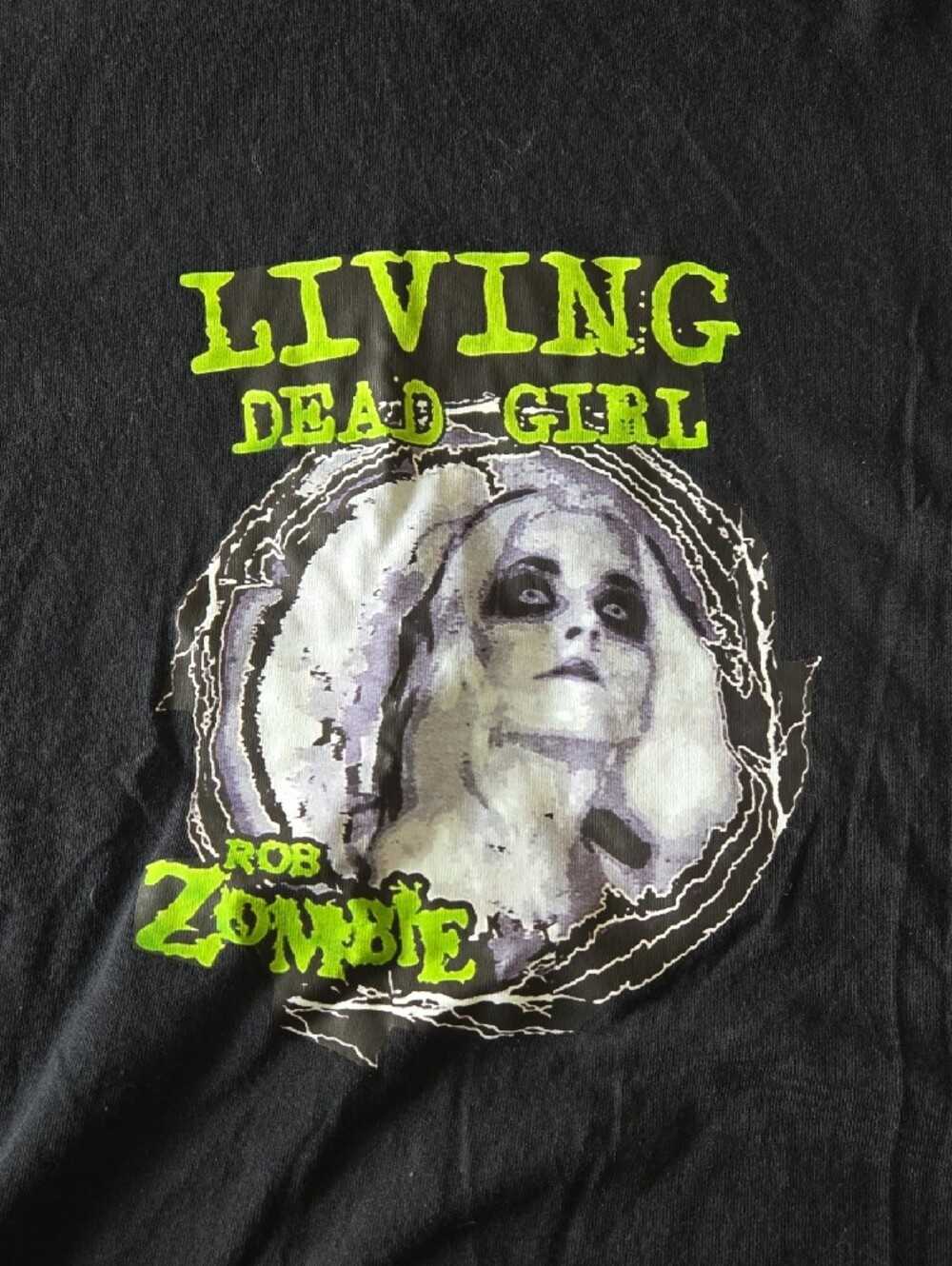 Gildan Black Tee with Neon Green "Living Dead Girl" Graphic - Picture 2 of 4